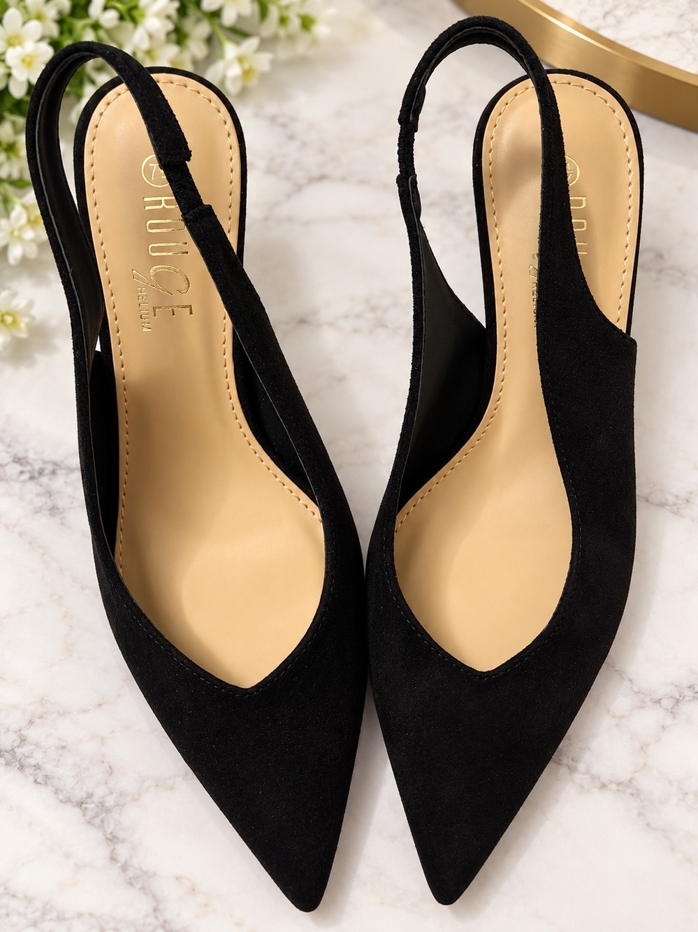 Rouge Helium Black Suede Pointed Slingback Mules